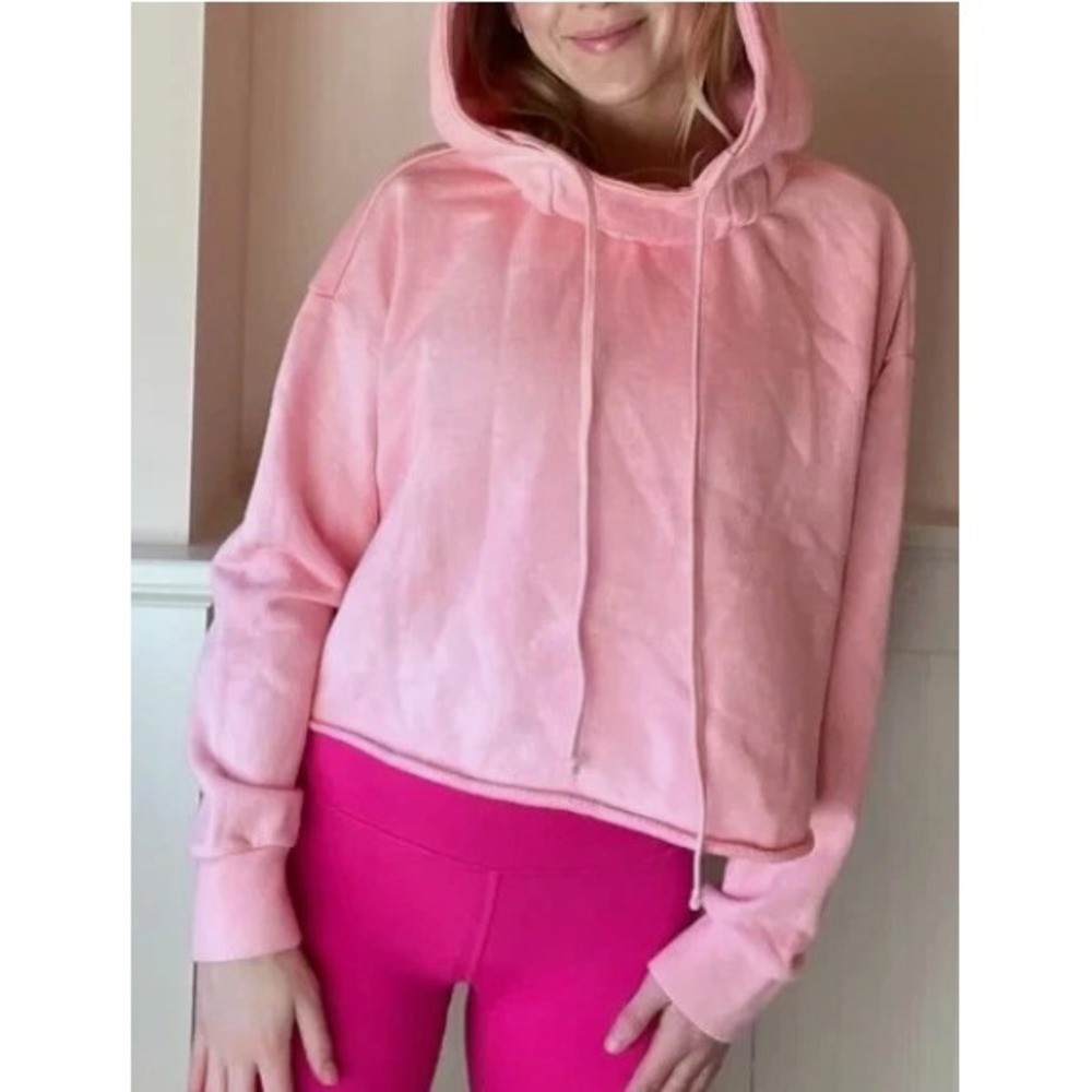 Alice +‎ Olivia Jeans Womens Hoodie Sweatshirt Nikki Raw Hem Cropped Pink XL